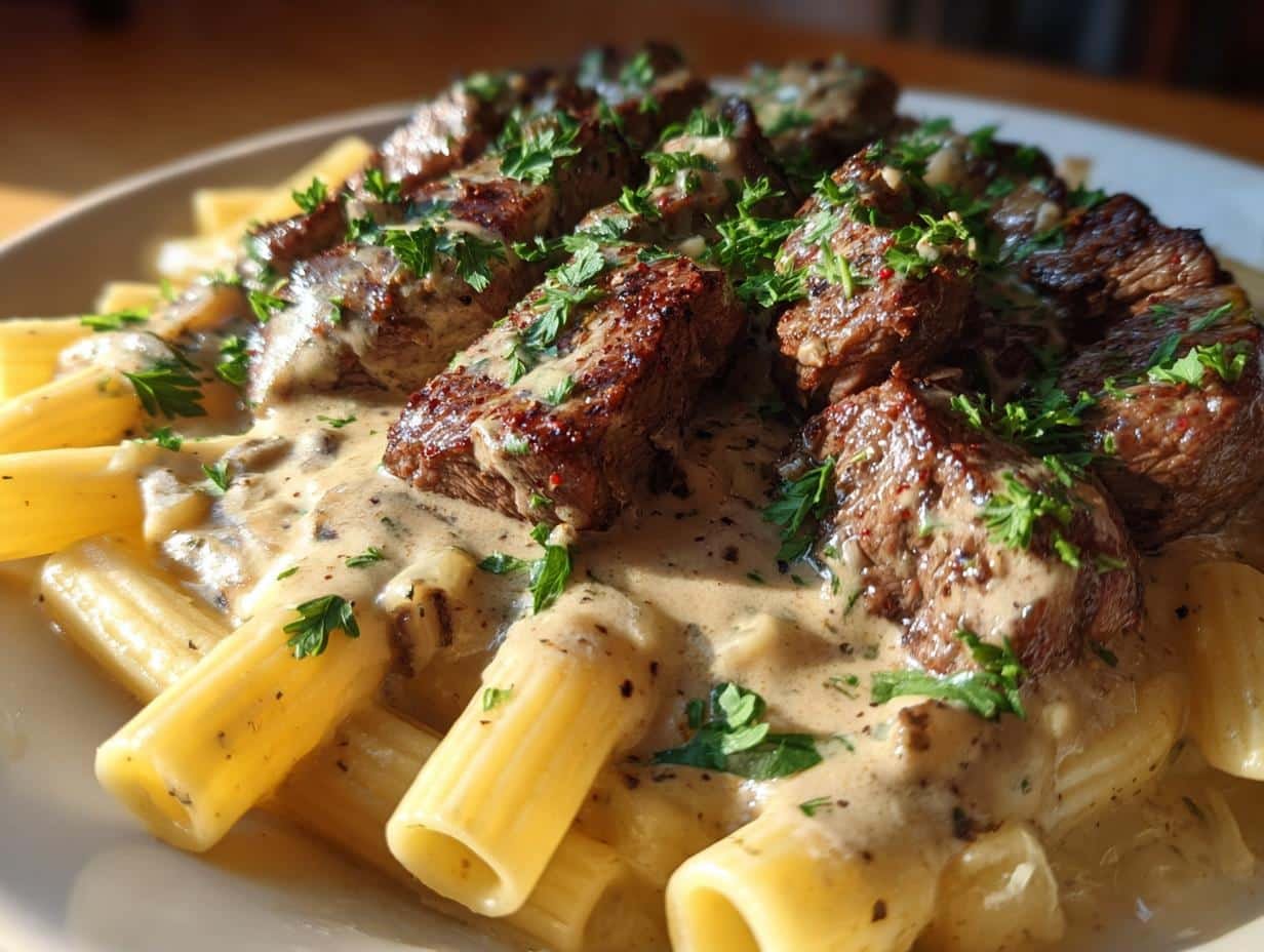 Cajun Steak Tips with Cheesy Rigatoni Parmesan Sauce - detail 1