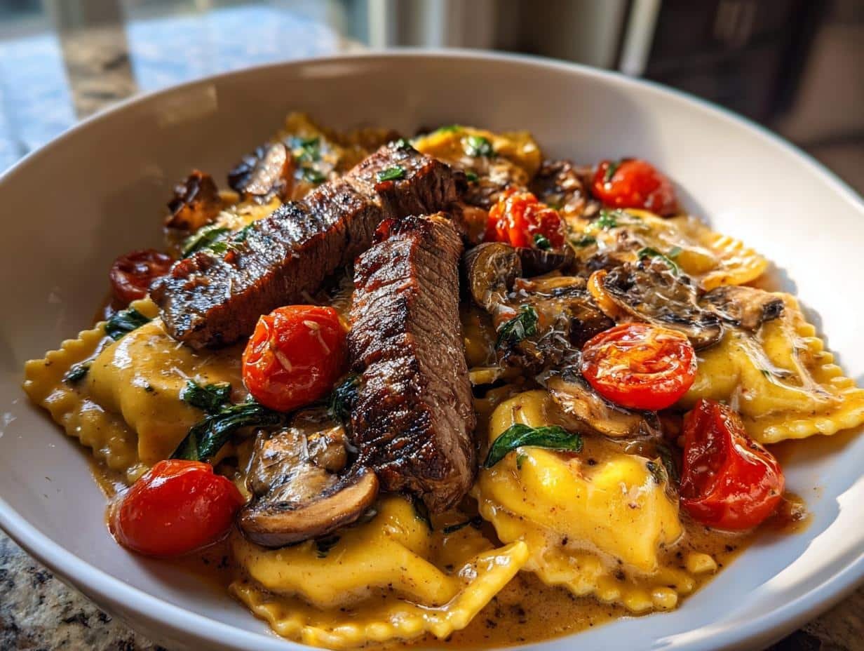 Creamy Tomato Mushroom Ravioli with Seared Steak - detail 1